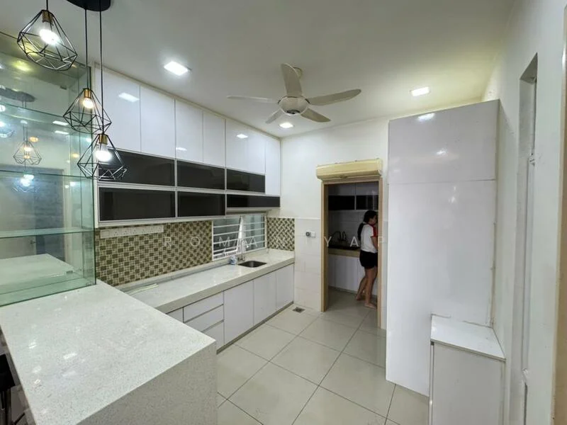 Kitchen features: white cabinetry with flat-panel doors, grey granite countertop, white backsplash with geometric pattern, stainless-steel sink, chrome pull-down faucet, built-in oven, freestanding refrigerator, 4-burner gas hob, pendant lighting, 5-blade ceiling fan, tile flooring, wall-mounted cabinets, open shelving; style: modern. Room features: doorway leading to another room, light switch, wall with painted finish.