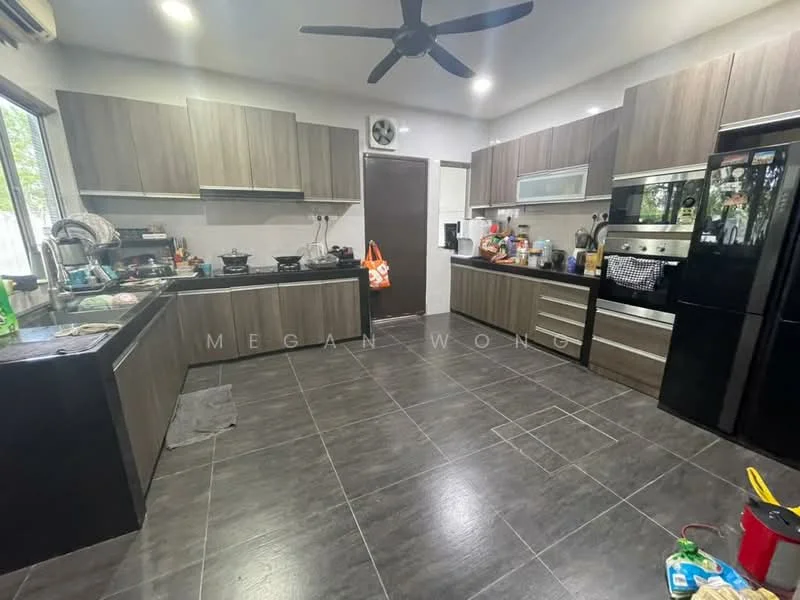 Kitchen features: dark wood cabinetry, black refrigerator, built-in oven, 4-burner gas hob, stainless-steel sink, chrome pull-down faucet, black countertop, grey ceramic tile flooring, ceiling fan, window with sheer curtains, open shelving, microwave, kettle, various kitchen utensils and appliances; style: modern.