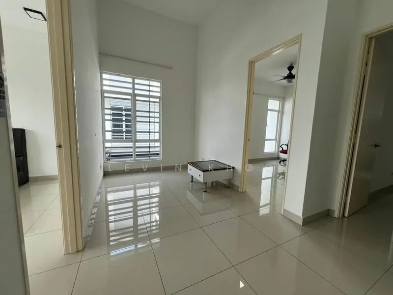 Room features: white painted walls, glossy tile flooring, ceiling fan, large window with horizontal slats, neutral color scheme, doorway leading to another room, coffee table, minimalist decor; style: modern.
