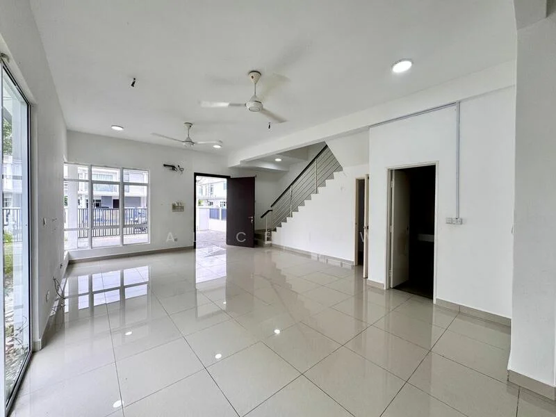 Living features: white painted walls, glossy ceramic tile flooring, 2 ceiling fans, sliding glass door, floor-to-ceiling windows, natural light, staircase, doorway to adjacent rooms; style: modern; view: garden.