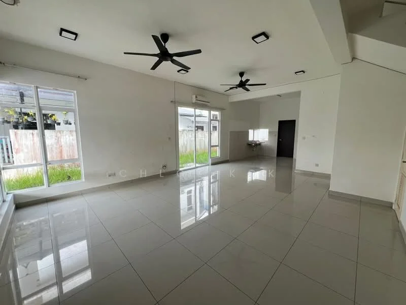 Living features: white painted walls, polished ceramic tile flooring, 5-blade ceiling fan with light, 2 ceiling fans, floor-to-ceiling windows, sliding glass door, natural light from windows, open layout, neutral color scheme, recessed downlights; style: modern; view: garden.