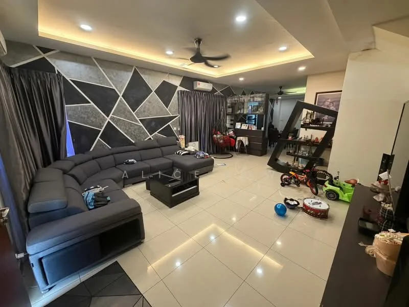 Living features: L-shape sectional sofa in grey, coffee table, wall-mounted TV, entertainment unit, area rug, recessed downlights, ceiling fan, grey curtains, decorative wall with geometric pattern, tile flooring, decorative shelving unit, toys scattered on the floor; style: modern.