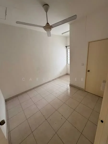 Room features: white painted walls, tile flooring, ceiling fan, window with grid, single door, natural light from window.