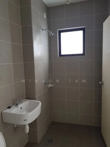 Bathroom features: grey tiled walls, grey tiled flooring, white wall-mounted sink, chrome basin mixer faucet, shower head, window, toilet, wall-mounted toilet paper holder; style: modern.