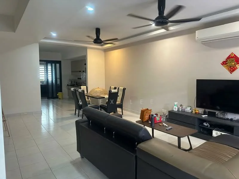 Living features: 3-seater leather sofa, coffee table, wall-mounted TV, 2 ceiling fans, recessed downlights, white painted walls, tile flooring, decorative wall art, open layout to dining area; style: modern. Dining features: 6-seater dining table, upholstered dining chairs, white painted walls, tile flooring, open layout to living area; style: modern. Kitchen features: kitchen island, white cabinetry, tile flooring, open layout to dining area; style: modern.