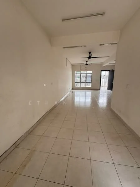Room features: white painted walls, tile flooring, ceiling with fluorescent lights, ceiling fan, large windows, open layout, neutral color scheme; style: modern.