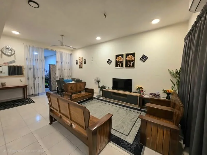Living features: wooden sofa set with two armchairs, coffee table, TV console, wall-mounted TV, area rug with geometric pattern, ceiling fan, recessed lighting, decorative wall art, potted plants, curtains, white painted walls, tile flooring; style: modern.
