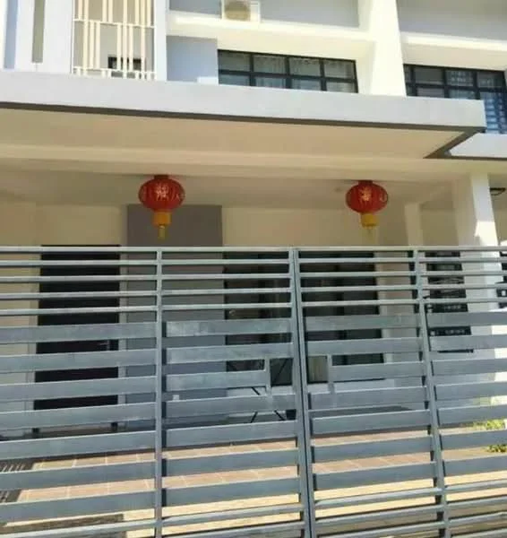 Exterior type: linked terrace house; features: modern facade, grey painted walls, horizontal metal gate, two red lanterns hanging, paved walkway, large windows, covered porch, concrete flooring; style: modern.