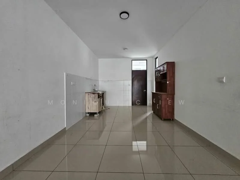Room features: white painted walls, glossy ceramic tile flooring, single-basin sink, wooden cabinet, door leading to another room, window for natural light, ceiling light fixture; style: minimalist.