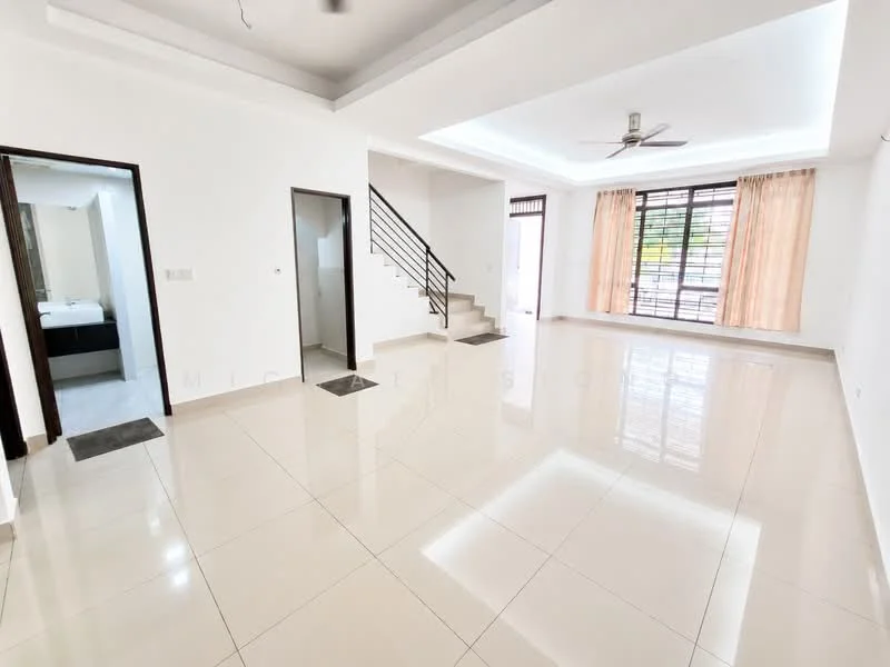 Living features: white painted walls, glossy ceramic tile flooring, recessed downlights, 5-blade ceiling fan, large windows with sheer curtains, open layout, staircase leading to upper floor, neutral color scheme; style: modern. Room features: doorway to bathroom, doorway to staircase.