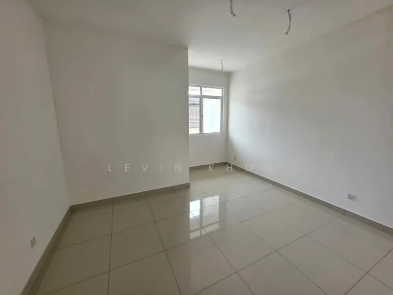 Room features: white painted walls, glossy ceramic tile flooring, single window, no visible ceiling fixtures, neutral color scheme.
