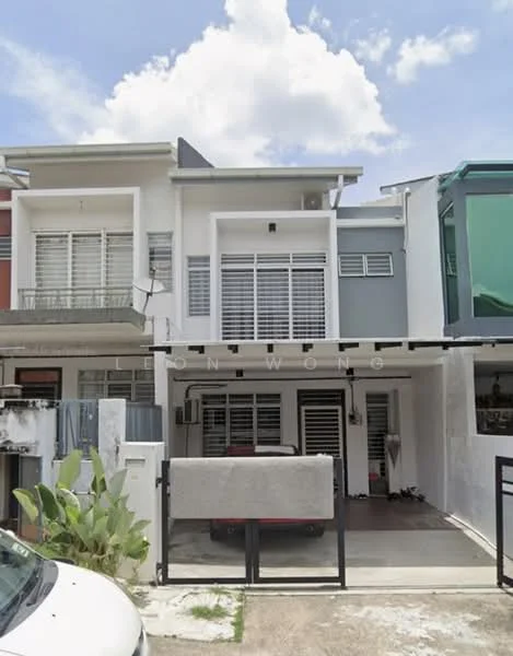 Exterior type: linked terrace house; features: white painted facade, glass windows with horizontal slats, flat roof, driveway with interlocking pavers, manicured garden with plants, car porch, two-storey structure, modern architectural design; style: modern.