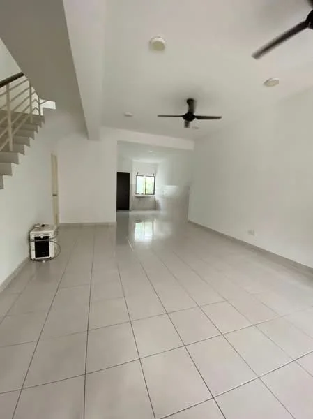 Living features: white painted walls, glossy ceramic tile flooring, 5-blade ceiling fan, recessed downlights, large window providing natural light, open layout, staircase leading to upper floor, neutral color scheme; style: modern.