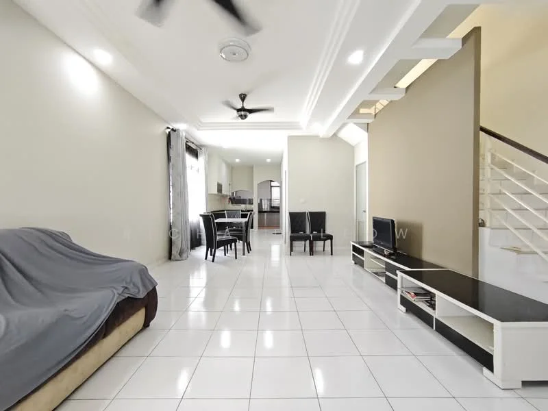 Living features: white painted walls, glossy white tile flooring, tray ceiling with recessed lighting, 5-blade ceiling fan with light, sofa covered with grey throw, TV console with storage, wall-mounted TV, large windows with sheer curtains, dining area visible in background, open layout to kitchen, staircase in background; style: modern.