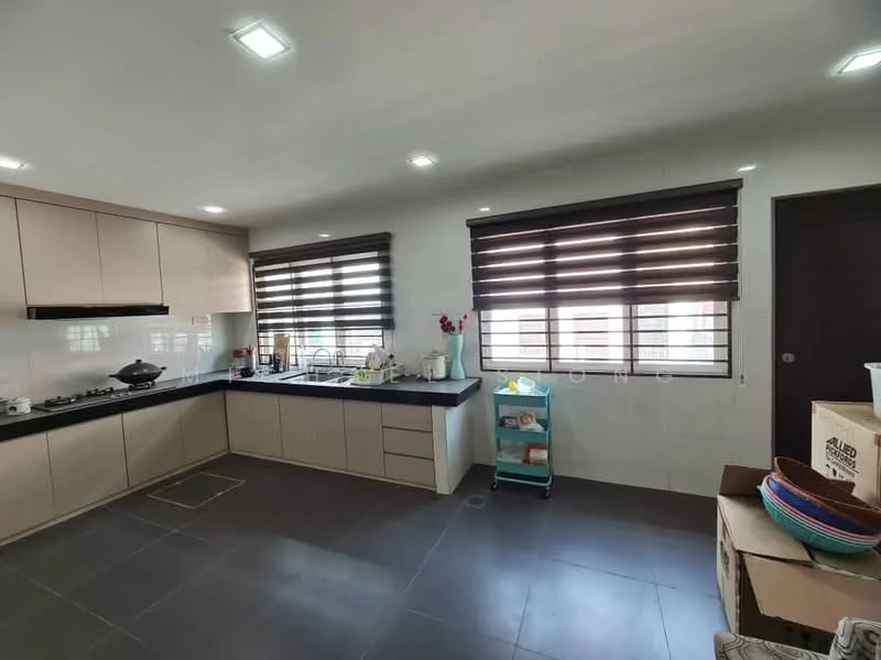 Kitchen features: light brown cabinetry, black countertop, stainless-steel gas hob, built-in oven, double-bowl stainless-steel sink, chrome pull-down faucet, white tiled backsplash, grey floor tiles, two large windows with black roller blinds, kitchen island, open shelving, blue storage cart, decorative plants, boxes stacked on the floor; style: modern.