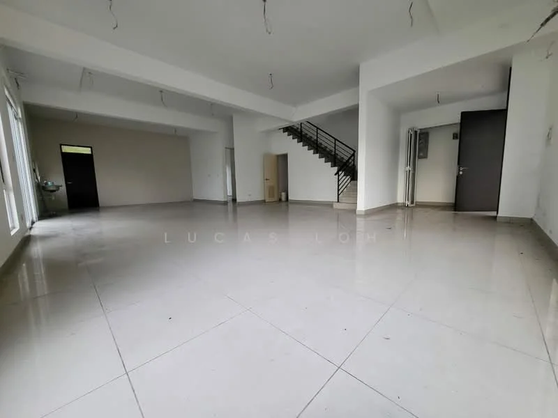 Room features: white painted walls, polished ceramic tile flooring, large windows allowing natural light, staircase leading to upper level, multiple electrical outlets, ceiling with exposed wiring, open layout, neutral color scheme; style: modern.