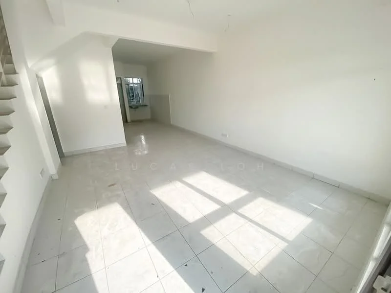 Room features: white painted walls, marble tile flooring, large windows allowing natural light, open layout, high ceiling, no visible furniture, neutral color scheme, clean and uncluttered space; style: modern.