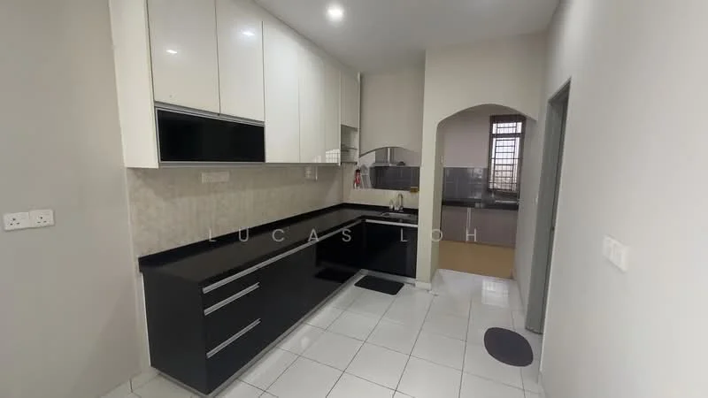 Kitchen features: black laminate cabinetry, white upper cabinets, stainless-steel sink, chrome pull-down faucet, black countertop, white tiled backsplash, built-in oven, microwave, ceramic tile flooring, recessed downlights, open shelving, kitchen island, wall-mounted cabinets; style: modern.