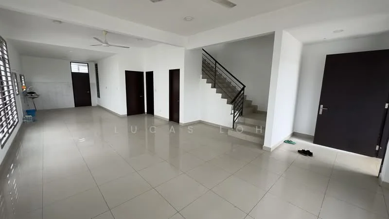 Room features: white painted walls, polished ceramic tile flooring, ceiling fan, staircase with metal railing, large windows with horizontal slats, two dark wooden doors, one wall-mounted light fixture, open layout; style: modern.
