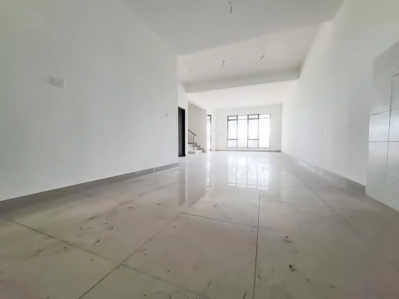 Room features: white painted walls, marble tile flooring, large windows, high ceiling, open layout, natural light, minimalist design, neutral color scheme; style: modern.