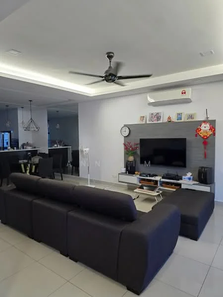 Living features: L-shape sectional sofa in dark grey, wall-mounted TV, TV console with storage, ceiling fan with light, recessed LED downlights, decorative wall clock, framed artwork on wall, tile flooring in light grey, air conditioning unit on wall, open layout to dining area, decorative items on shelves; style: modern.