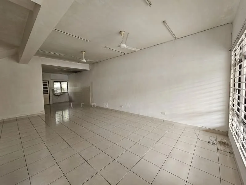 Room features: white painted walls, tile flooring, 2 ceiling fans, large windows with horizontal blinds, open layout, no visible furniture, neutral color scheme, bright natural light; style: minimalist.