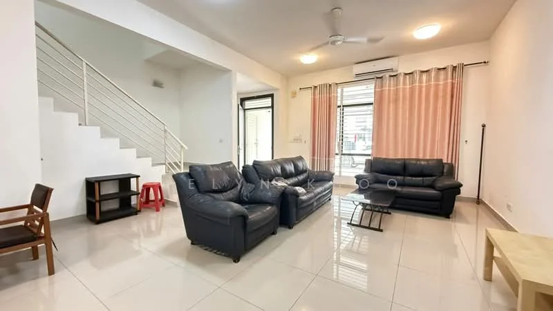 Living features: 3-seater leather sofa in black, 2-seater leather sofa in black, glass coffee table, white walls, white ceiling, recessed downlights, floor-to-ceiling windows, sliding glass door, light-colored tile flooring, ceiling fan, curtains in light pink, open layout, staircase with white railing; style: modern.