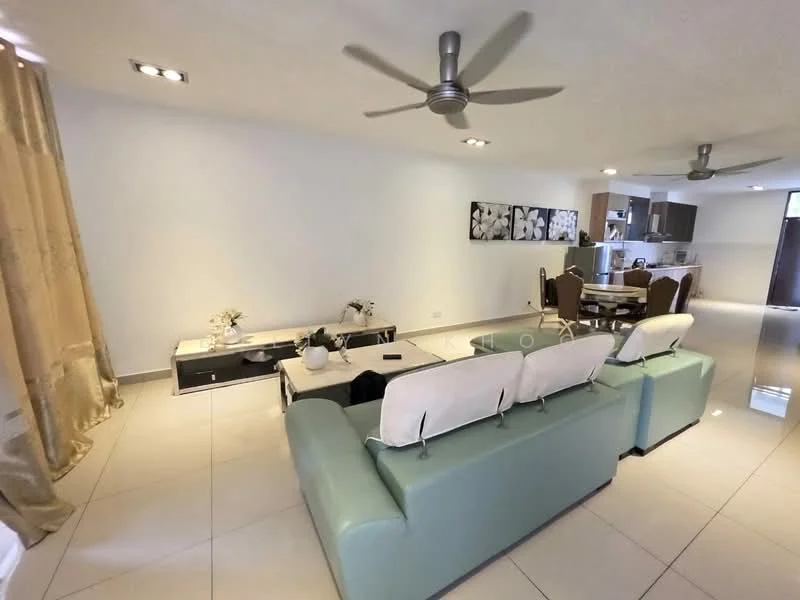 Living features: 3-seater fabric sofa in light blue, coffee table with marble top, wall-mounted TV, area rug, 5-blade ceiling fan with light, recessed downlights, large windows with sheer curtains, decorative wall art, tile flooring, open layout to dining area, dining table with upholstered chairs; style: modern.
