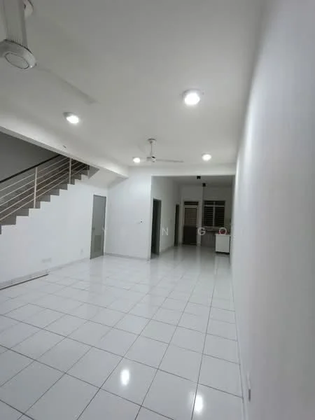 Living features: white painted walls, glossy white tile flooring, recessed downlights, 2 ceiling fans, open layout, staircase leading to upper floor, large windows for natural light, neutral color scheme; style: modern.