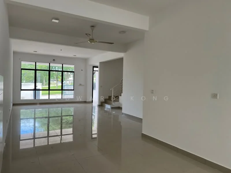 Living features: white painted walls, polished ceramic tile flooring, 5-blade ceiling fan, large floor-to-ceiling windows, sliding glass door, natural light, open layout, staircase visible in background; style: modern; view: garden.