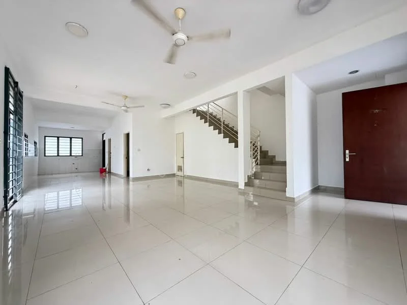 Room features: white painted walls, polished ceramic tile flooring, 2 ceiling fans, staircase with metal railing, large windows, open layout, natural light, neutral color scheme; style: modern.