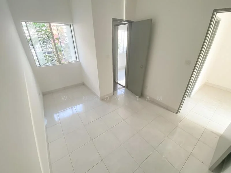 Room features: white painted walls, glossy white tile flooring, single window with view of greenery, door leading to another room, natural light from window, corner room layout; view: garden.