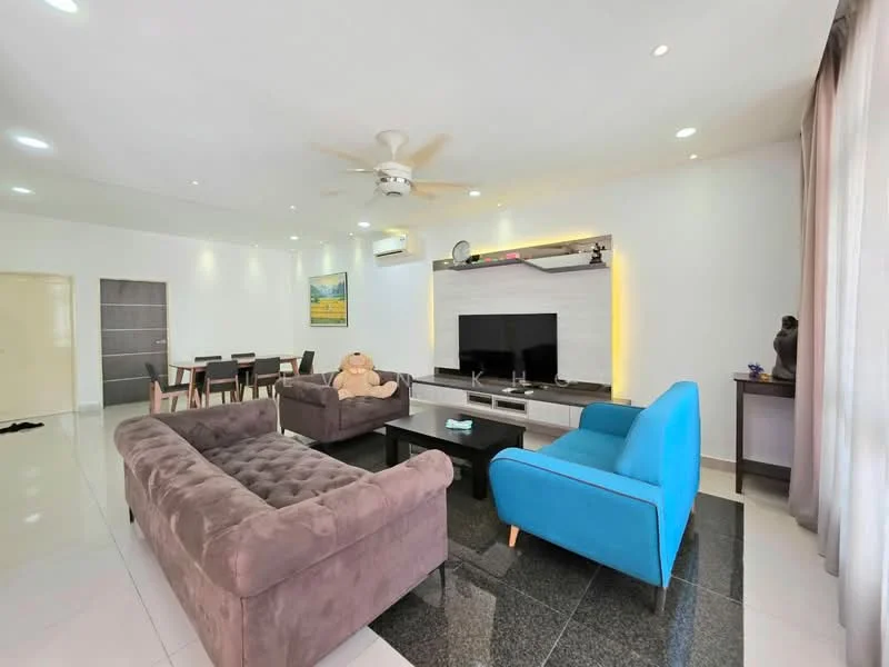 Living features: 3-seater fabric sofa in grey, 2-seater fabric sofa in blue, coffee table, wall-mounted TV, TV console, ceiling fan, recessed downlights, marble tile flooring, white painted walls, decorative wall panel with lighting, area rug, large windows with sheer curtains; style: modern. Dining features: 6-seater dining table, wooden dining chairs, white painted walls; style: modern.