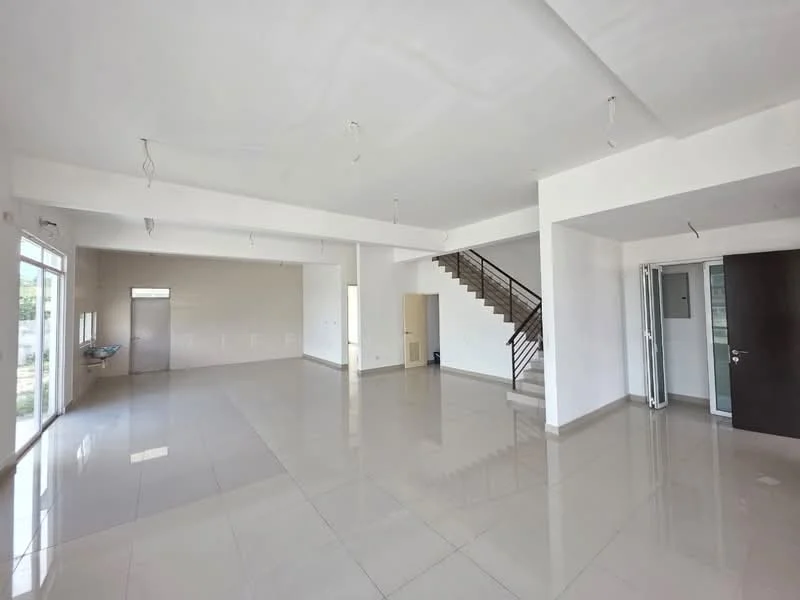 Room features: white painted walls, polished ceramic tile flooring, exposed ceiling with no fixtures, staircase with metal railing, large windows for natural light, double-door main entrance, open layout, neutral color scheme; style: modern; view: garden.