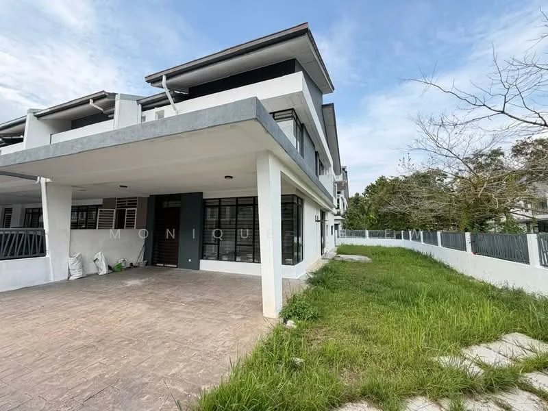 Exterior type: linked terrace house; features: two-storey building, white painted facade, grey accent trim, covered car porch, manicured lawn, paved walkway, large windows, fenced perimeter, surrounded by greenery; style: modern.