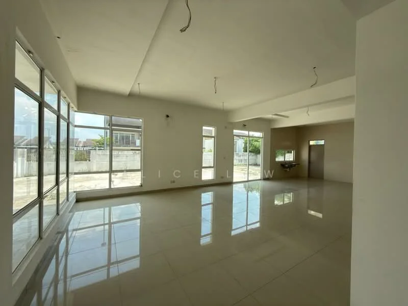 Room features: large floor-to-ceiling windows, white painted walls, polished ceramic tile flooring, recessed downlights, open layout, high ceiling, multiple electrical outlets, natural light, neutral color scheme; style: modern; view: garden.