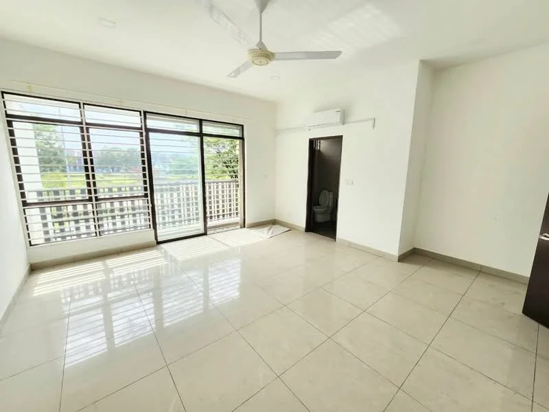 Room features: white painted walls, tile flooring, ceiling fan, floor-to-ceiling windows, sliding glass door, natural light from windows, air conditioning unit, built-in wardrobe, window treatments, view of greenery; style: modern; view: garden.