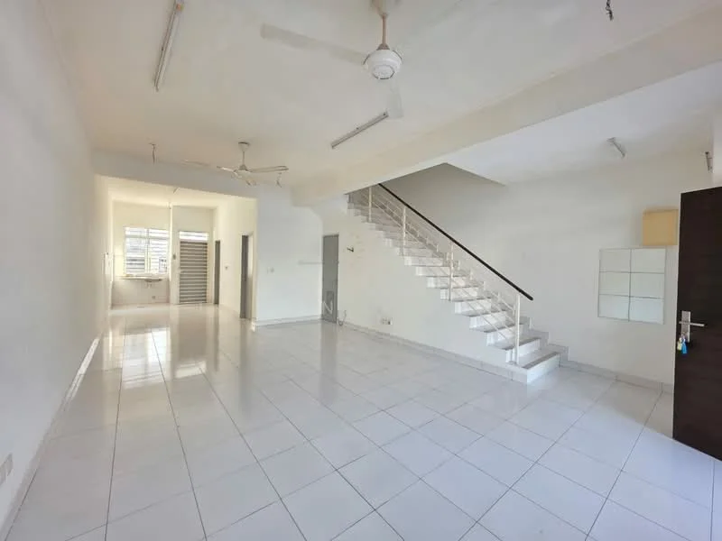 Living features: white painted walls, glossy white tile flooring, ceiling fan, staircase with white railing, large windows for natural light, open layout, neutral color scheme, mirror on wall; style: modern.