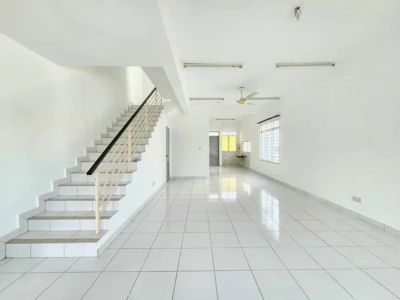 Living features: white painted walls, white tiled flooring, 5-blade ceiling fan with light, large windows with blinds, staircase with metal railing, open layout, natural light from windows, neutral color scheme; style: modern.