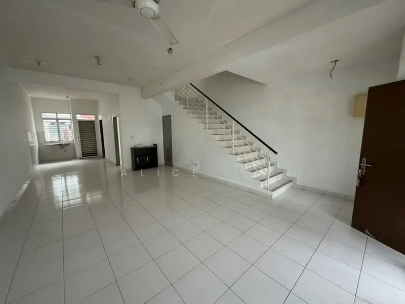 Room features: white painted walls, white ceiling, tile flooring, staircase with white railing, ceiling fan, large windows, open layout, no visible furniture; style: minimalist.