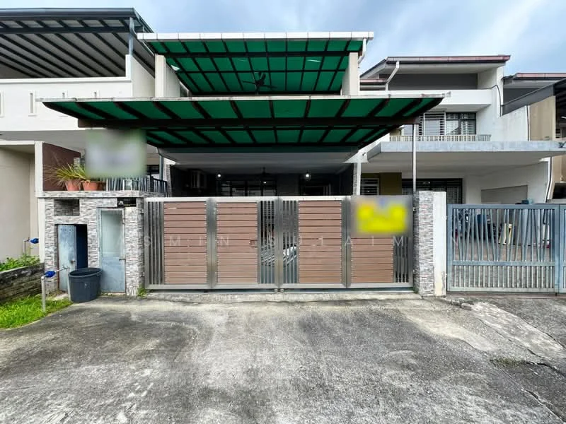 Exterior type: semi-detached house; features: green awning, double-volume car porch, wooden gate, stone cladding on wall, concrete driveway, manicured landscaping, metal gate, two-storey structure, front porch area, surrounding walls; style: modern.