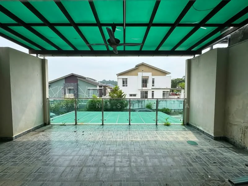 Room features: green canopy roof, floor tiles in grey, glass railing, ceiling fan, open space, view of neighboring houses, concrete walls, outdoor area; style: modern; view: garden.