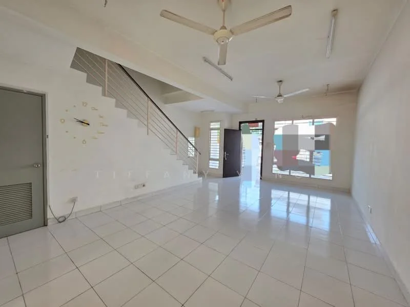 Living features: white painted walls, glossy white tile flooring, 2 ceiling fans, large windows with natural light, open layout, staircase with metal railing, clock on wall, door leading outside; style: modern.