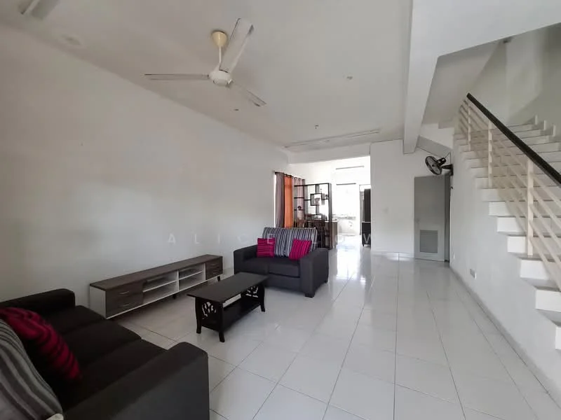 Living features: white painted walls, glossy white tile flooring, 5-blade ceiling fan, 2-seater fabric sofa in grey, 3-seater fabric sofa with pink and grey cushions, wooden coffee table, TV console with storage, open layout, staircase with white railing, natural light from windows; style: modern.