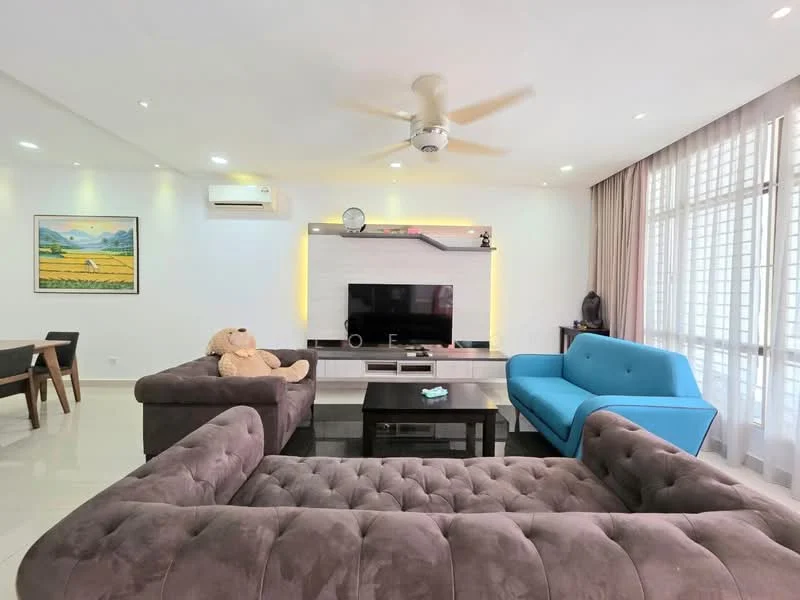 Living features: 3-seater fabric sofa in brown, 2-seater fabric sofa in blue, coffee table, wall-mounted TV, TV console, ceiling fan, recessed lighting, large windows with sheer curtains, decorative wall with LED lighting, framed artwork, teddy bear decor, marble flooring; style: modern.