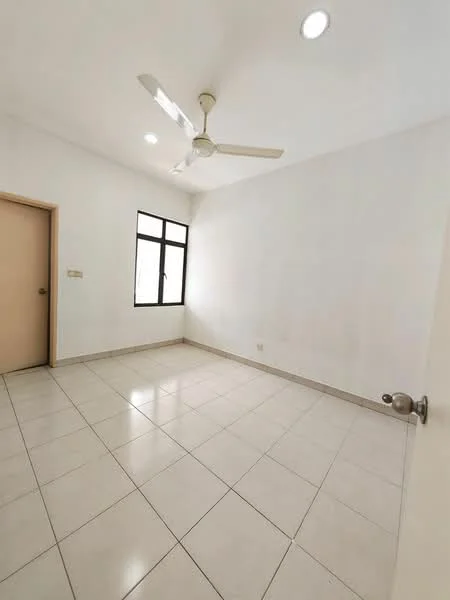 Room features: white painted walls, glossy ceramic tile flooring, ceiling fan, single window with black frame, plain ceiling with recessed lighting, door with knob handle; style: minimalist.