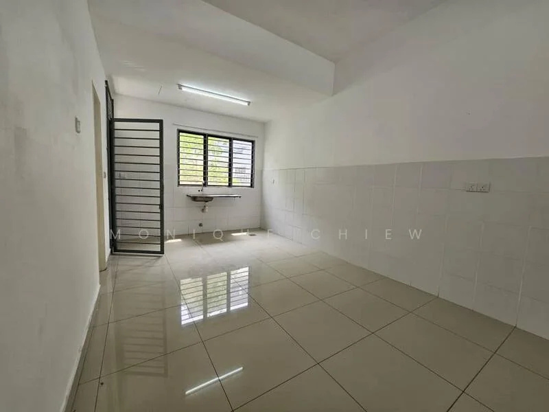 Room features: white painted walls, glossy ceramic tile flooring, large windows with metal grilles, single-basin sink, wall-mounted faucet, flush ceiling light, open layout, utility area with wall tiles; style: modern.