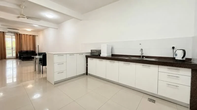 Kitchen features: white cabinetry with flat-panel doors, brown granite countertop, single-bowl stainless-steel sink, chrome pull-down faucet, built-in microwave, kettle, ceramic tile flooring, recessed downlights, wall-mounted split AC, floor-to-ceiling windows with sheer curtains; style: modern; view: garden.