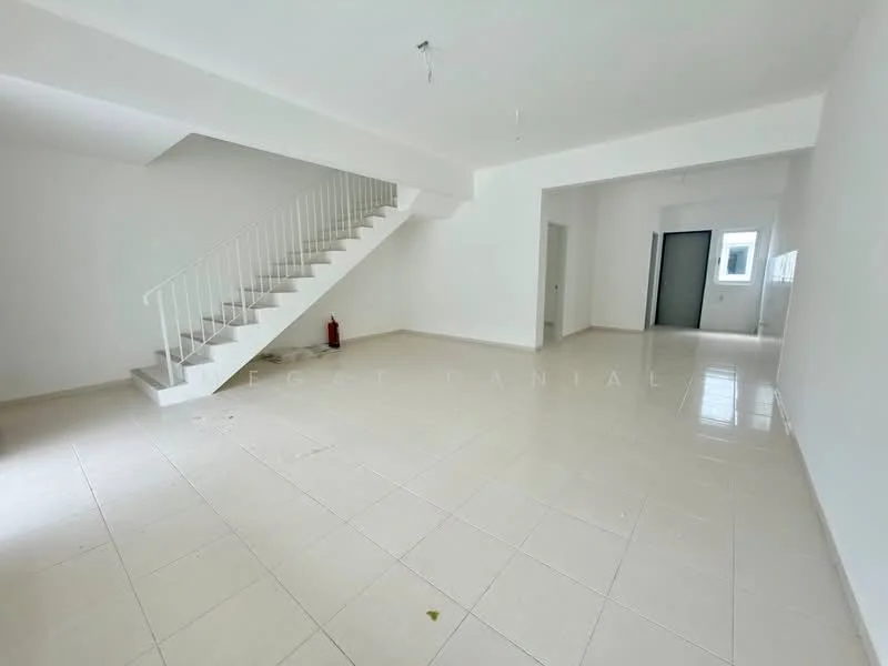 Room features: white painted walls, tile flooring, staircase with railing, large windows, doorway leading to another room, fire extinguisher, open layout, neutral color scheme; style: modern.