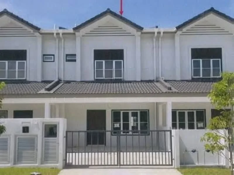Exterior type: linked terrace house; features: white painted facade, black tiled roof, double-storey, front porch with gate, two front windows on each unit, decorative gable, manicured lawn, concrete pathway, fence at the front, downspouts visible; style: modern.